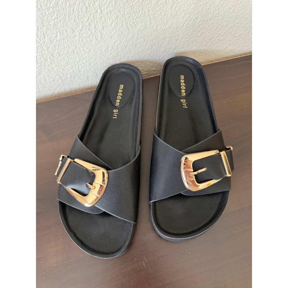 Madden Girl Brookk Black Gold Buckle Slide Sandals BROO05J1 Women 9 NEW